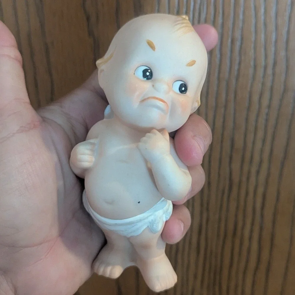 Two Vintage Bisque Porcelain Lefton Kewpie Figurines Grumpy Pouting Disgruntled